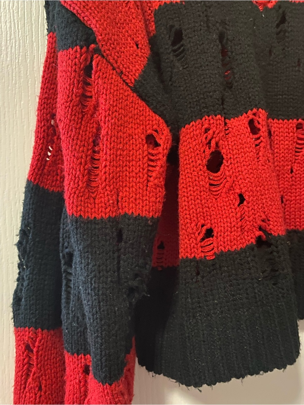 Goth Distressed Freddy Krueger Vibe Red & Black Striped Cropped Sweater - Picture 10 of 11
